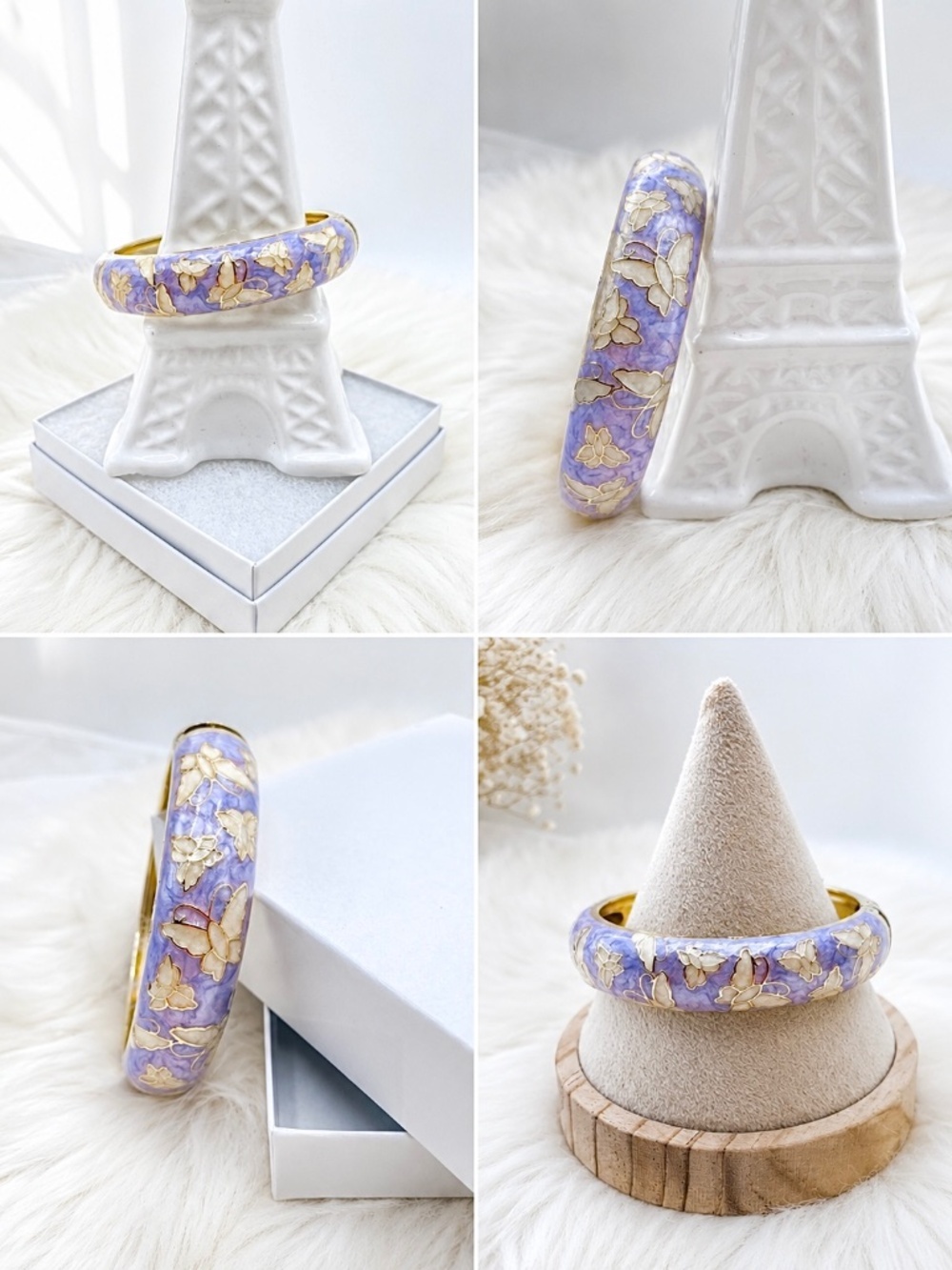 Lavender Butterfly Enamel Hinged Bangle Bracelet Gold Tone
